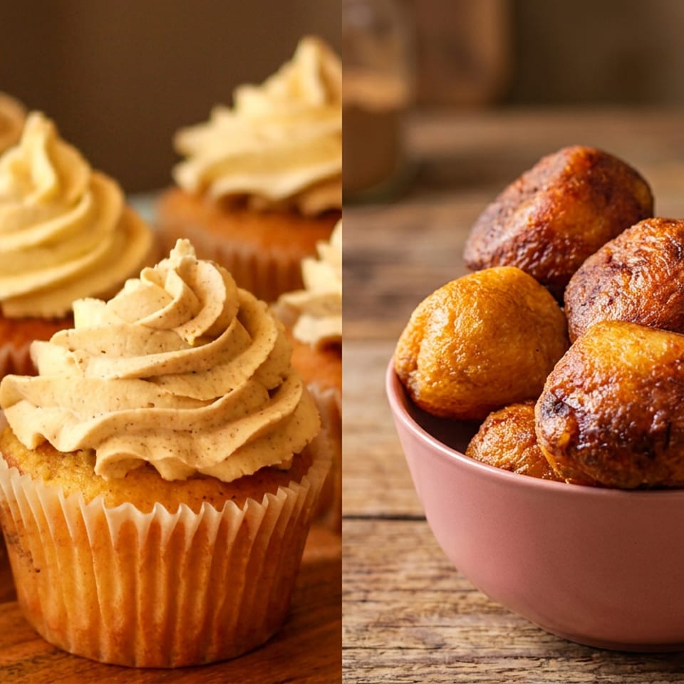 Vanilla-frosted cupcakes beside a bowl of assorted golden-brown fried pastries on a rustic wooden table.
