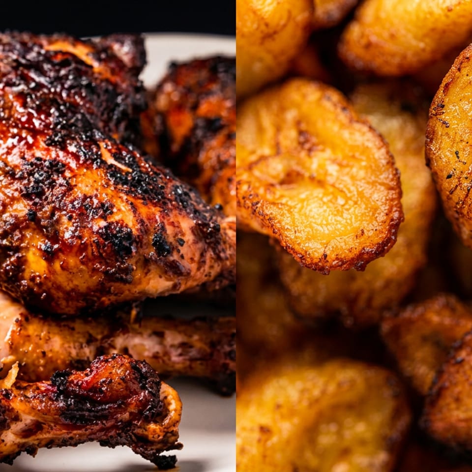 Close-up of charred grilled chicken pieces beside golden roasted potato wedges.