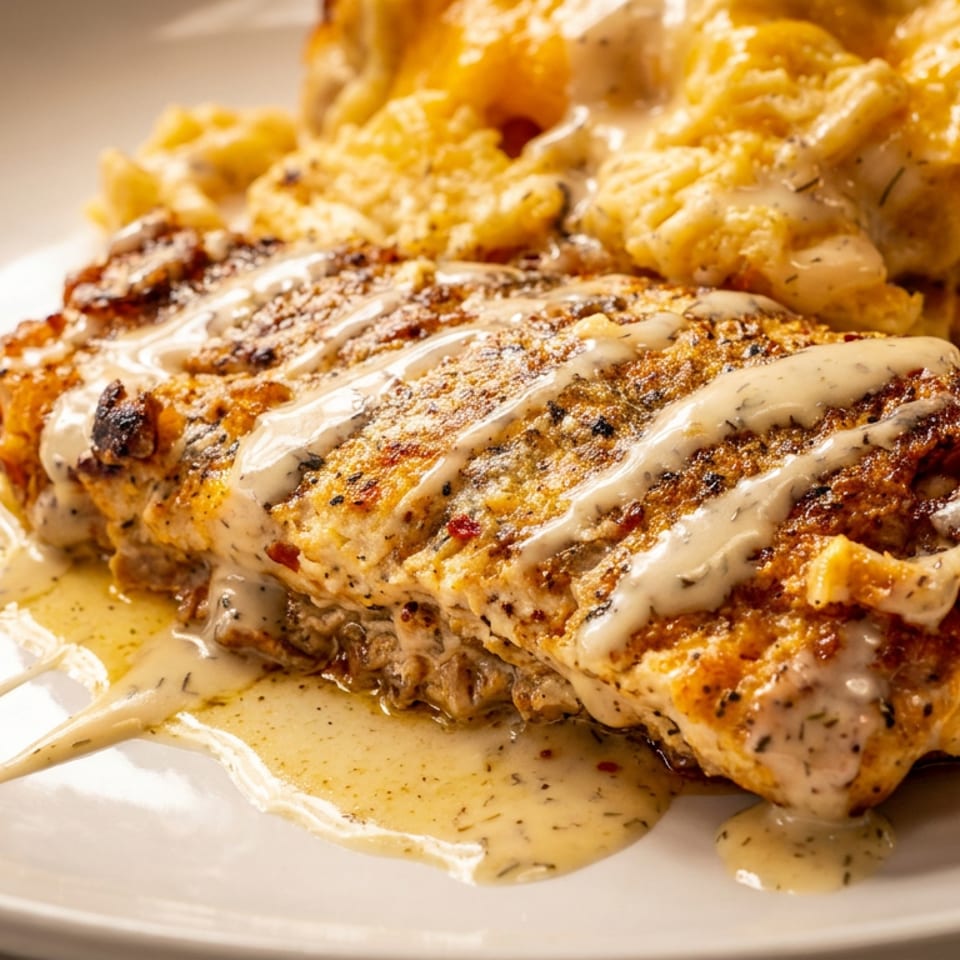 Grilled chicken breast drizzled with creamy herb sauce, served with golden cheesy biscuits on a white plate.