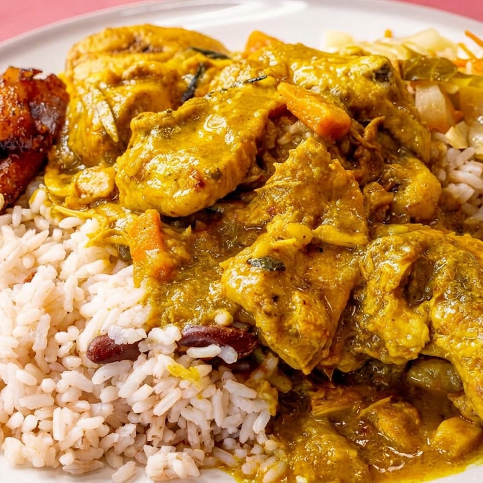Plate of rice and beans topped with curried chicken, alongside fried plantains and sautéed cabbage and carrots.
