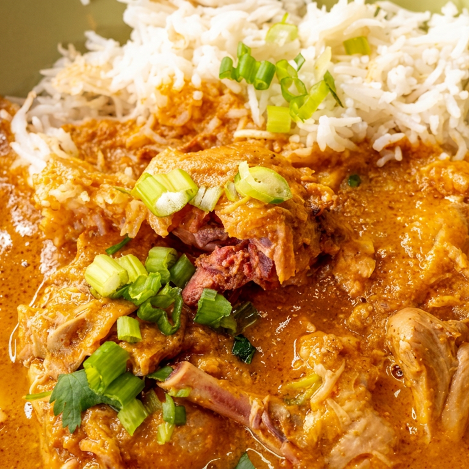 Bowl of rich orange curry with chicken, white rice, crispy onions, and chopped green herbs.