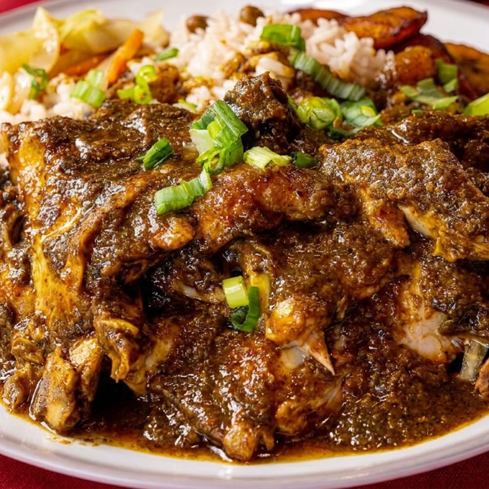 Plate of saucy braised meat garnished with green onions, served with white rice and fried plantains.