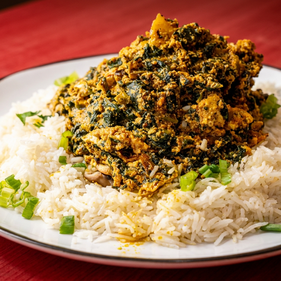 Plate of white rice topped with a mound of crispy, spiced dark vegetables and garnished with chopped green onions.