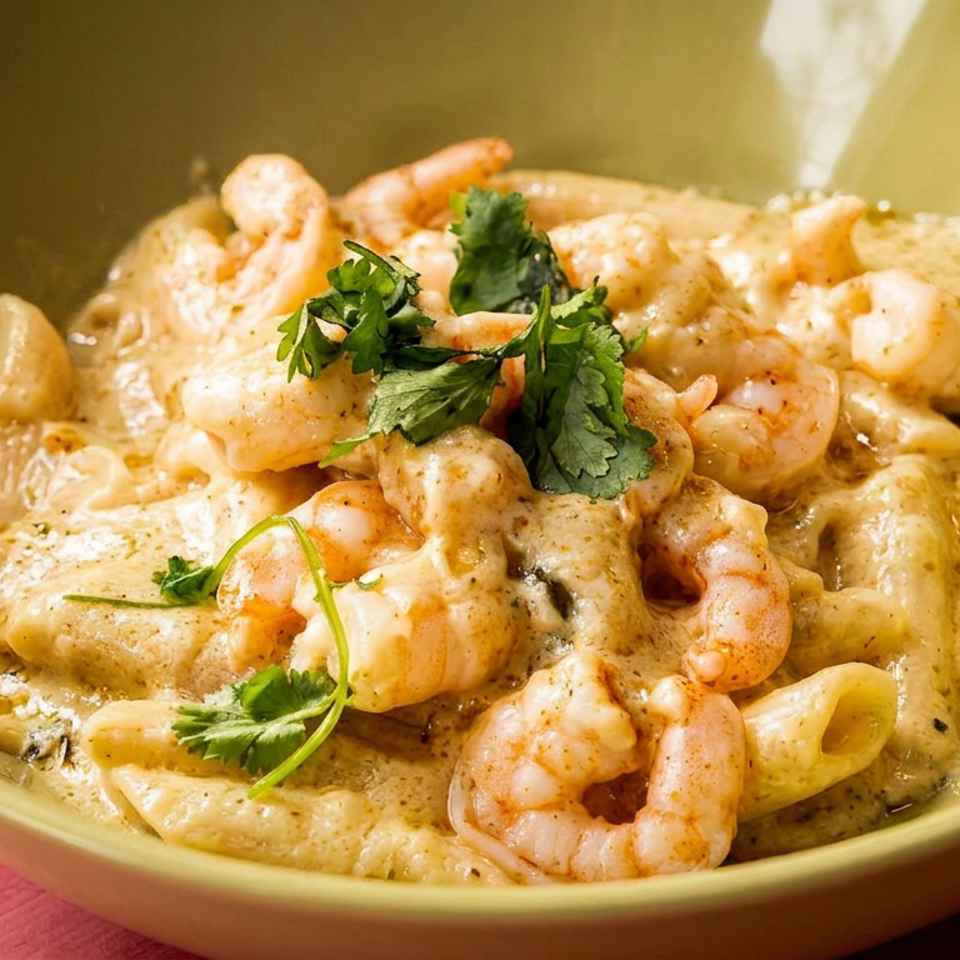 Creamy shrimp pasta garnished with fresh cilantro, served in a green bowl on a warmly lit table.